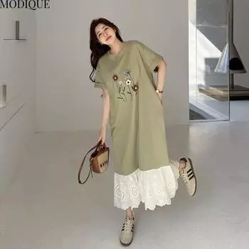 MODIQUE Летние платья больших размеров для женщин, свободные, с цветочным принтом, плиссированные, пэчворк, длинные платья, женские повседневные платья с коротким рукавом и круглым вырезом L зелёный