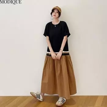 MODIQUE Летние платья больших размеров для женщин, свободные, минималистичные, в тон, с футболкой, длинные, в стиле пэчворк, женские повседневные платья с коротким рукавом и круглым вырезом L чёрный