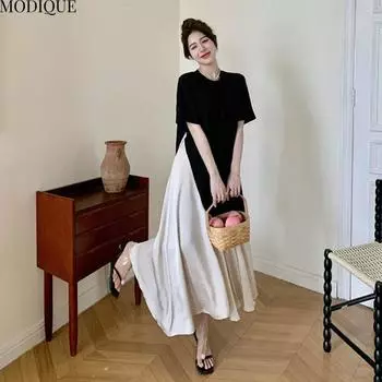 MODIQUE Летние платья больших размеров для женщин, свободные, элегантные, в тон, шелковые, пэчворк, длинные платья, женские, повседневные, с коротким рукавом и круглым вырезом L чёрный