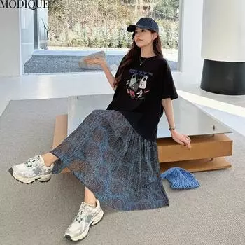 MODIQUE Летние платья больших размеров для женщин, винтажные свободные длинные платья с цветочным принтом и лоскутным принтом, женские повседневные платья с коротким рукавом и круглым вырезом L чёрный