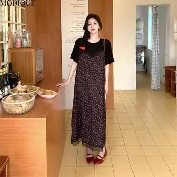MODIQUE Летние платья больших размеров для женщин, свободные, сладкие, с цветочным принтом, кружевные, плиссированные, длинные, женские, повседневные, с коротким рукавом, с круглым вырезом L чёрный
