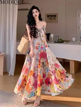 MODIQUE Летние женские элегантные цветочные принты Красочные платья без рукавов с открытой спиной Девчачьи праздничные длинные платья с лямкой на шее Леди Fairycore Милое атмосферное платье L разноцветный