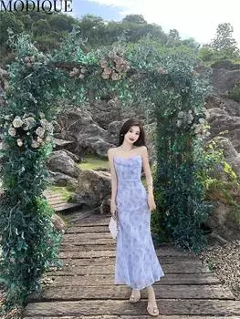MODIQUE Летние женские элегантные цветочные вышивки с открытой спиной сетчатые шифоновые длинные платья с лямкой на шее для девочек женское легкое свадебное платье платье для тостов L компания blizzard синий