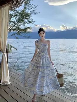 MODIQUE Летние женские элегантные картины маслом повседневные пляжные с открытыми плечами девичьи длинные платья с бретелькой на шее Праздничные женские сказочные платья с крутой атмосферой L