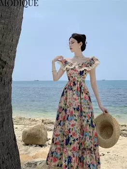 MODIQUE Летние женские элегантные красочные цветные принты повседневные пляжные шифоновые девичьи длинные платья Праздничные женские сказочные платья с милой атмосферой L