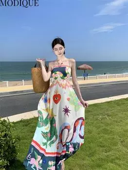MODIQUE Летние женские элегантные красочные принты повседневные пляжные без рукавов девичьи длинные платья с бретелькой на шее Праздничные женские сказочные платья с милой атмосферой L