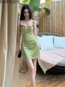 MODIQUE, летние женские элегантные повседневные пляжные платья с цветочной вышивкой без рукавов, девичьи короткие платья с лямкой на шее, праздничные женские платья Fairycore, сладкая атмосфера L зелёный
