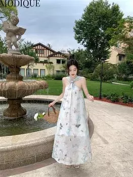 MODIQUE Летние женские элегантные повседневные пляжные платья с принтом бабочки и открытой спиной, сетчатые марлевые девчачьи длинные платья с лямкой на бретельках, праздничное женское сказочное платье с милой атмосферой L белый