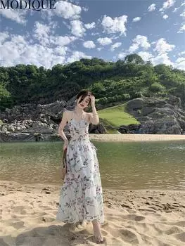 MODIQUE Летние женские элегантные повседневные пляжные платья с цветочным принтом без рукавов из сетчатого шифона и девчачьих длинных платьев с лямкой на бретельках Праздничные женские сказочные сладкие платья L белый