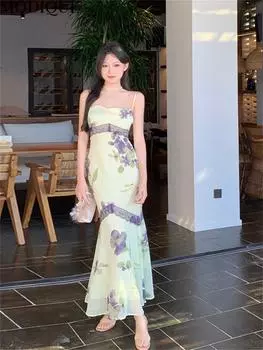 MODIQUE, летние женские элегантные повседневные пляжные платья с цветочным принтом и открытой спиной, сетчатое марлевое шифоновое длинное платье с лямкой на бретельках, женское платье с запахом на бедрах в сказочной атмосфере L зелёный