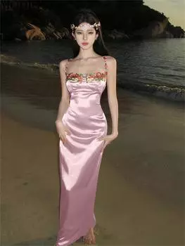 MODIQUE Летние женские элегантные повседневные пляжные платья с цветочной вышивкой без рукавов, девичьи длинные платья с лямкой на шее, праздничные женские сказочные розовые платья с приятной атмосферой XL розовый