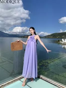 MODIQUE Летние женские элегантные повседневные пляжные платья с цветочным принтом и открытой спиной, сетчатые марлевые шифоновые длинные платья с лямкой на бретельках для девочек, праздничные женские сказочные платья с милой атмосферой L фиолетовый