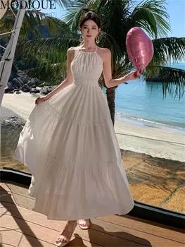 MODIQUE Летние женские элегантные повседневные пляжные сетчатые кружевные шифоновые платья с бретелькой на шее, длинные платья с открытой спиной, женские однотонные белые платья из шифона с волшебной атмосферой L белый