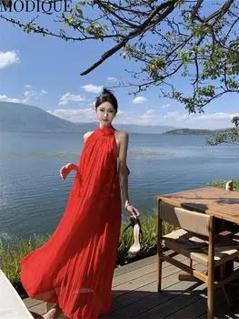 MODIQUE Летние женские элегантные повседневные пляжные сетчатые шифоновые длинные платья с открытой спиной и лямкой на шее, праздничные женские сказочные платья с милой атмосферой, однотонные красные платья L красный