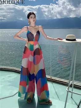 MODIQUE Летние женские элегантные повседневные пляжные сетчатые шифоновые платья с открытой спиной для девочек, длинные платья с лямкой на шее, женские красочные платья в сказочной атмосфере L