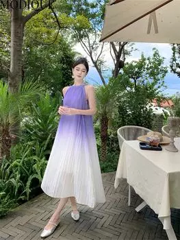 MODIQUE Летние женские элегантные повседневные пляжные сетчатые шифоновые длинные платья без рукавов Праздничные женские феерические платья с милой атмосферой градиентных цветов L фиолетовый