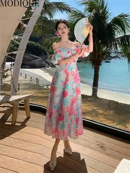 MODIQUE, летние женские элегантные повседневные пляжные шифоновые длинные платья с бретелькой на бретельках с цветочным принтом, женские платья Fairycore Atmature L разноцветный
