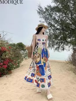MODIQUE Летние женские элегантные повседневные пляжные шифоновые платья с принтом каракули без рукавов для девочек Длинные платья с лямкой на бретельках Праздничные женские сказочные платья с милой атмосферой L