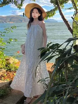 MODIQUE Летние женские элегантные жаккардовые повседневные пляжные шифоновые платья с открытой спиной для девочек, длинные платья с лямкой на бретельках, женские однотонные белые платья для торта в сказочной атмосфере L белый