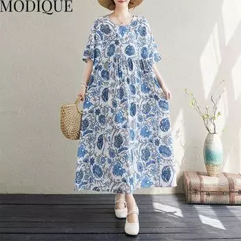 MODIQUE Летние женские свободные повседневные платья больших размеров с короткими рукавами из хлопка удлиненной длины с принтом Длинные платья Женские платья оверсайз с короткими рукавами и круглым вырезом синие ONE SIZE синий