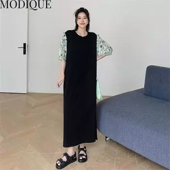MODIQUE Летние женские свободные универсальные трапециевидной формы в стиле пэчворк с цветочным принтом и рукавами-фонариками, хлопковые длинные платья больших размеров, женские повседневные платья с круглым вырезом большого размера XL чёрный