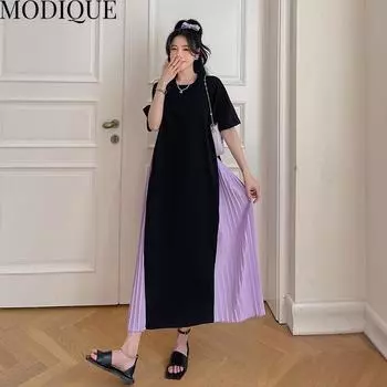 MODIQUE Летние женские свободные универсальные трапециевидные плиссированные хлопковые длинные платья больших размеров в стиле пэчворк Женские повседневные платья оверсайз с короткими рукавами и круглым вырезом XL чёрный