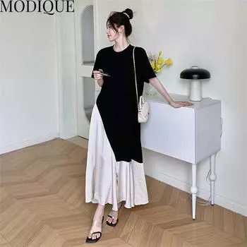 MODIQUE Летние женские свободные универсальные трапециевидные асимметричные шелковые лоскутные длинные платья больших размеров Женские повседневные платья с коротким рукавом и круглым вырезом XL чёрный