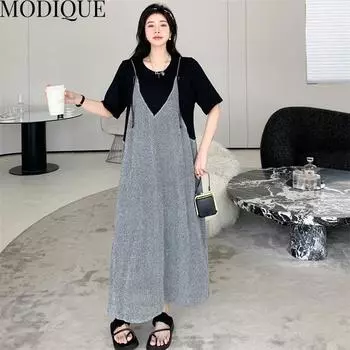 MODIQUE Летние женские свободные универсальные трапециевидные футболки больших размеров из двух частей, хлопковая футболка большого размера, длинные платья, женские повседневные платья с короткими рукавами и v-образным вырезом XL чёрный