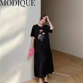 MODIQUE, летняя новая классическая рубашка больших размеров, женская свободная лоскутная одежда из хлопка и льна, уличная одежда, повседневное женское платье с цветочным принтом и круглым вырезом XL чёрный