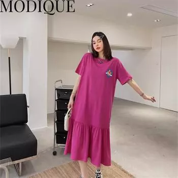 MODIQUE, летняя новая классическая рубашка больших размеров, женская свободная уличная одежда из хлопка и льна, платье с цветочным принтом и оборками, повседневные женские платья с круглым вырезом XL чёрный
