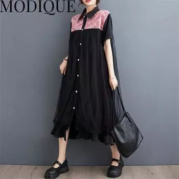 MODIQUE, летняя новая классическая рубашка больших размеров, женское лоскутное хлопково-льняное кружевное платье с принтом и оборками, повседневные женские платья трапециевидной формы one size чёрный