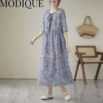 MODIQUE, летняя новая классическая рубашка больших размеров, женская свободная винтажная хлопково-льняная базовая одежда с бантом и цветочным принтом, повседневные женские платья трапециевидной формы XL синий