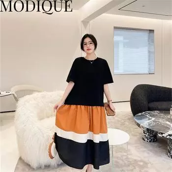 MODIQUE, летняя новая классическая рубашка больших размеров, женские свободные лоскутные хлопковые и льняные однотонные базовые платья трапециевидной формы, повседневные женские платья XL чёрный
