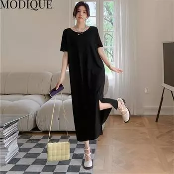 MODIQUE, летняя новая классическая рубашка больших размеров, женская свободная однотонная хлопково-льняная рубашка с открытой спиной, платье трапециевидной формы, повседневные женские платья с круглым вырезом и коротким рукавом