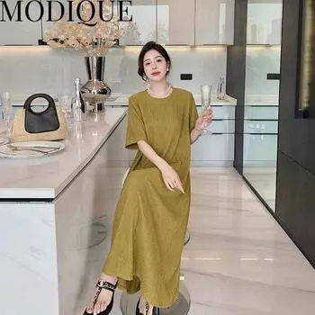 MODIQUE, летняя новая классическая рубашка больших размеров, женские свободные полосатые базовые платья из хлопка и льна, однотонные повседневные женские платья трапециевидной формы с круглым вырезом XL чёрный