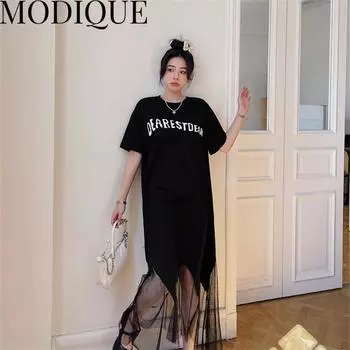 MODIQUE, летняя новая классическая рубашка больших размеров, женская уличная одежда, асимметричное хлопково-льняное платье с буквенным принтом, сетчатое повседневное женское платье с круглым вырезом XL чёрный
