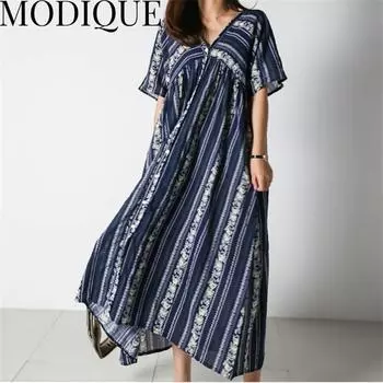 MODIQUE, летняя новая классическая рубашка больших размеров, женская свободная хлопковая льняная рубашка с принтом, винтажное платье в полоску, повседневные женские платья без рукавов с круглым вырезом one size синий