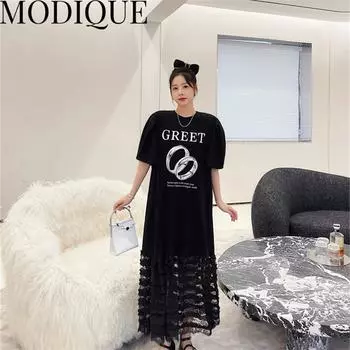 MODIQUE, летняя новая классическая рубашка больших размеров, женская свободная лоскутная одежда из хлопка и льна, уличная одежда, платье с буквенным принтом, повседневные женские платья с круглым вырезом XL чёрный