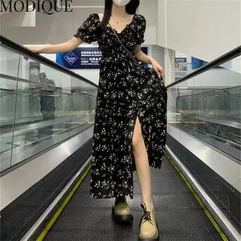 MODIQUE, летняя новая классическая рубашка больших размеров, женская свободная рубашка из хлопка и льна с цветочным принтом, черное платье, повседневные женские платья с v-образным вырезом и коротким рукавом XL чёрный
