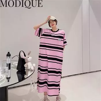 MODIQUE, летняя новая классическая рубашка больших размеров, женские свободные полосатые хлопковые и льняные милые платья, повседневные женские платья с карманами и круглым вырезом XL чёрный