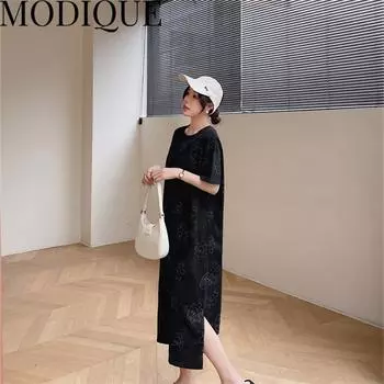 MODIQUE, летняя новая классическая рубашка больших размеров, женская уличная одежда, рваное хлопковое льняное кружевное платье с принтом, повседневные женские платья с мультяшным принтом и v-образным вырезом XL чёрный