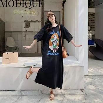 MODIQUE, летняя новая классическая рубашка больших размеров, женская свободная хлопково-льняная рубашка с мультяшным принтом, милое повседневное женское платье с круглым вырезом XL чёрный