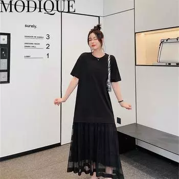 MODIQUE, летняя новая классическая рубашка больших размеров, женская свободная хлопково-льняная рубашка с рюшами, милое сетчатое платье, однотонные повседневные женские платья с круглым вырезом XL чёрный