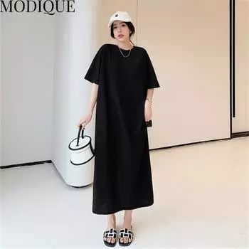 MODIQUE, летняя новая классическая рубашка больших размеров, женское свободное однотонное хлопково-льняное платье трапециевидной формы, повседневные женские платья с круглым вырезом и коротким рукавом
