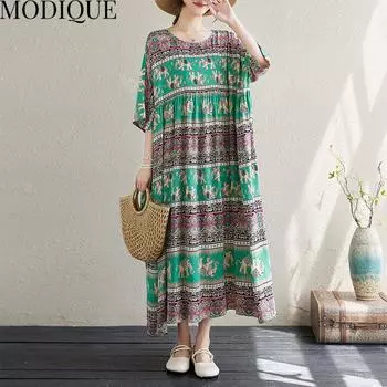 MODIQUE, летняя новая классическая рубашка больших размеров, женское винтажное хлопково-льняное платье со складками, повседневные женские платья с принтом, платье с короткими рукавами и круглым вырезом, воланное платье one size зелёный