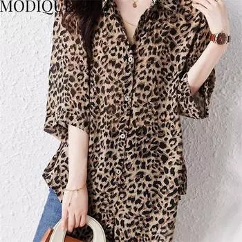 MODIQUE, летняя новая уличная одежда больших размеров, женская повседневная свободная льняная шифоновая футболка с леопардовым принтом, женские хлопковые футболки оверсайз с v-образным вырезом и короткими рукавами XL дубильная кора