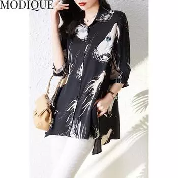 MODIQUE Летняя женская хлопковая льняная шифоновая блузка больших размеров, рубашки, асимметричные летние пальто с принтом, элегантные женские пуговицы оверсайз XL чёрный
