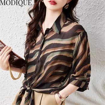 MODIQUE/летняя женская хлопково-льняная блузка больших размеров с принтом, волнистый вырез, летние офисные женские пальто, большие пуговицы-поло XL коричневый