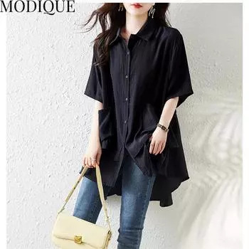 MODIQUE, летняя женская хлопково-льняная блузка больших размеров, однотонные летние пальто, поло большого размера с открытой строчкой, с коротким рукавом и короткими пуговицами XL чёрный