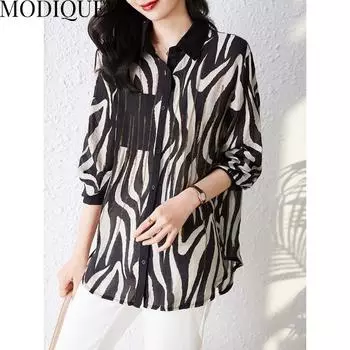 MODIQUE/летняя женская хлопково-льняная шифоновая блузка больших размеров, винтажные летние пальто с принтом, большие размеры, пуговицы с длинными рукавами XL чёрный